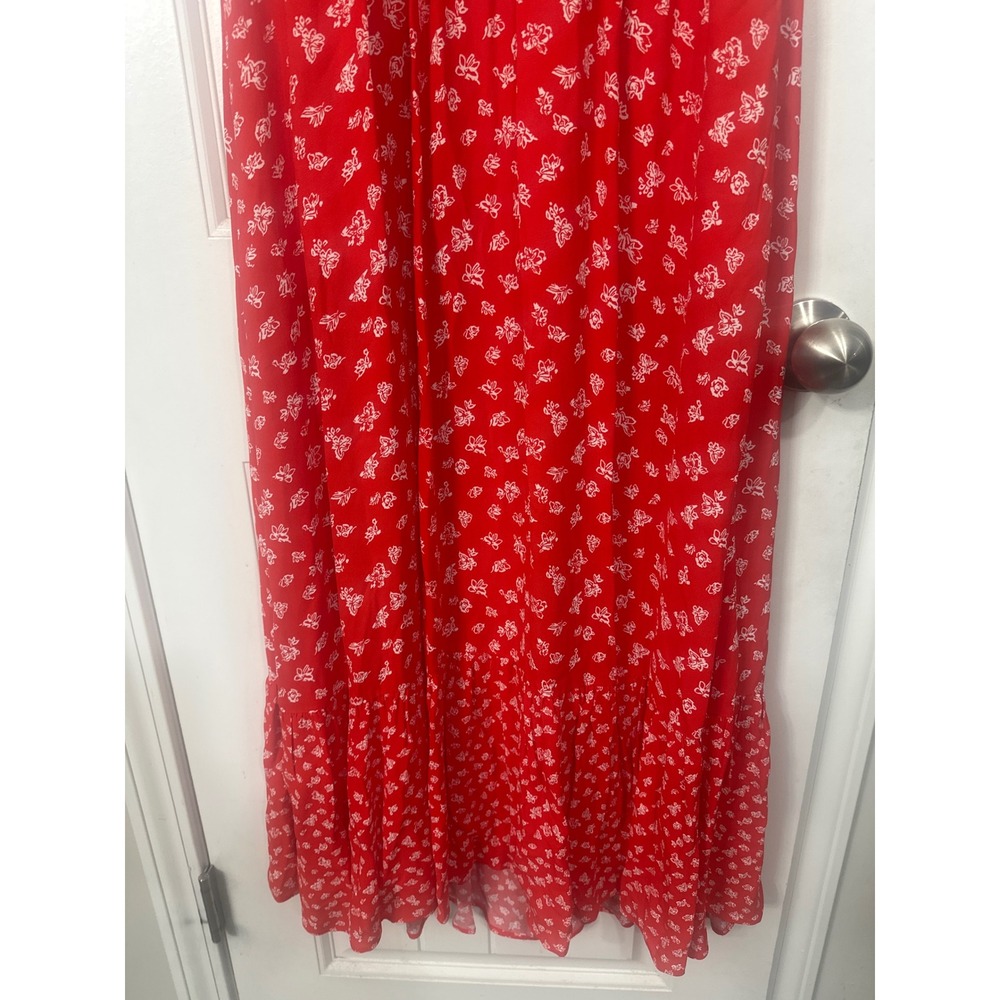 French Connection Red Floral V-Neck Midi Dress Empire Waist Ruffle Hem Size 6 - Picture 7 of 12